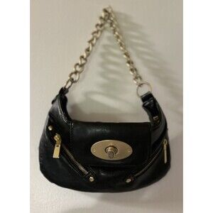 Black Faux Leather Chunky Chain Shoulder Bag Turn Lock Closure Front Pocket’s .